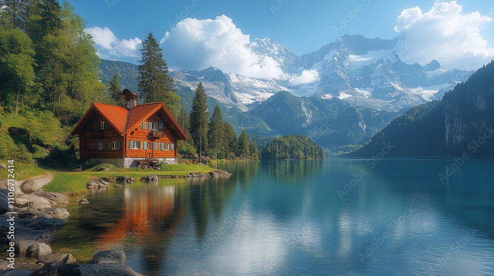Fototapeta premium Beautiful natural landscape view a House by the lake mountains in the background