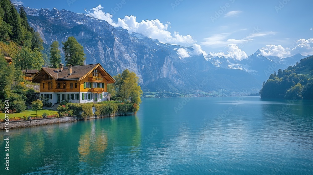Fototapeta premium Beautiful natural landscape view a House by the lake mountains in the background