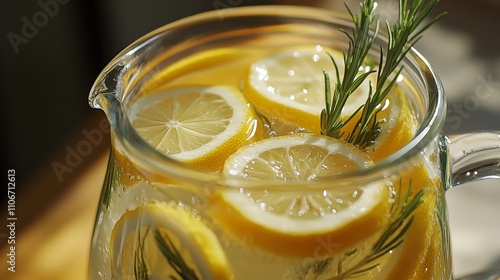 Glass Pitcher Filled with Lemon Slices and Rosemary Sprigs