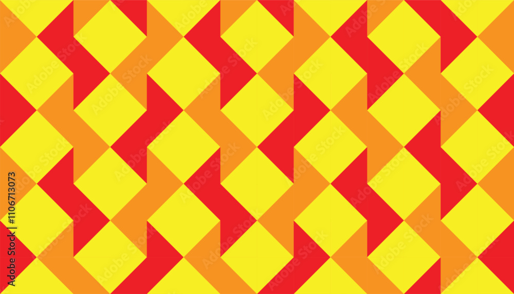 Abstract seamless geometric pattern in red and orange colors on a yellow background. Perfect for printing, design backgrounds, wallpaper and tiles, gift wrapping Abstract seamless geometric pattern in red and orange colors on a yellow background. Perfect for printing, design backgrounds, wallpaper and tiles, gift wrapping