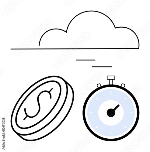Cloud above stopwatch and dollar coin. Ideal for finance, time management, investment, cloud computing, efficiency, digital transformation, business strategies. Line metaphor