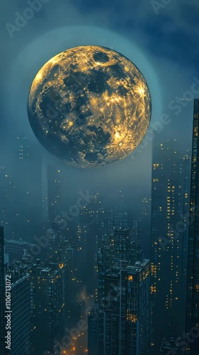 A Stunning Nighttime Cityscape Featuring a Majestic Supermoon Hovering Above Skyscrapers