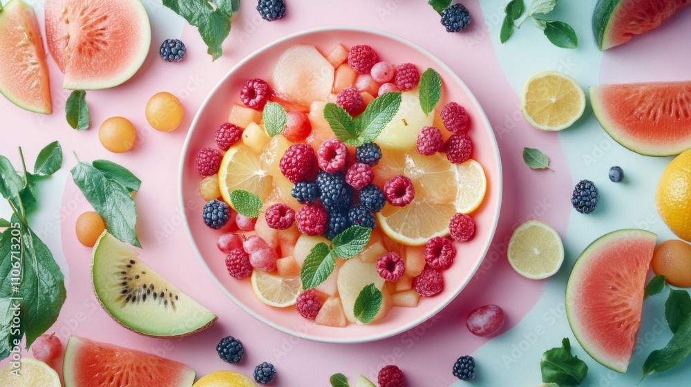 A Bowl of Fresh Fruit Salad with Watermelon, Raspberries, and Lemon A Bowl of Fresh Fruit Salad with Watermelon, Raspberries, and Lemon