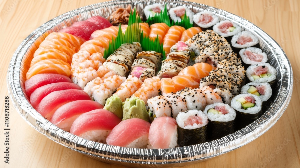 A Variety of Sushi Rolls and Nigiri in an Aluminum Container