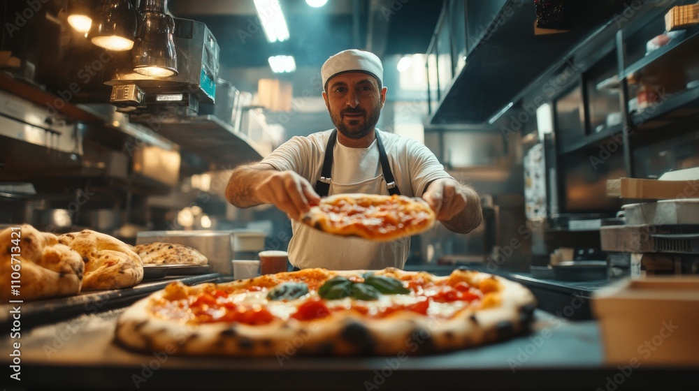 Pizza Chef Presenting Freshly Baked Pizza in a Restaurant Kitchen Pizza Chef Presenting Freshly Baked Pizza in a Restaurant Kitchen