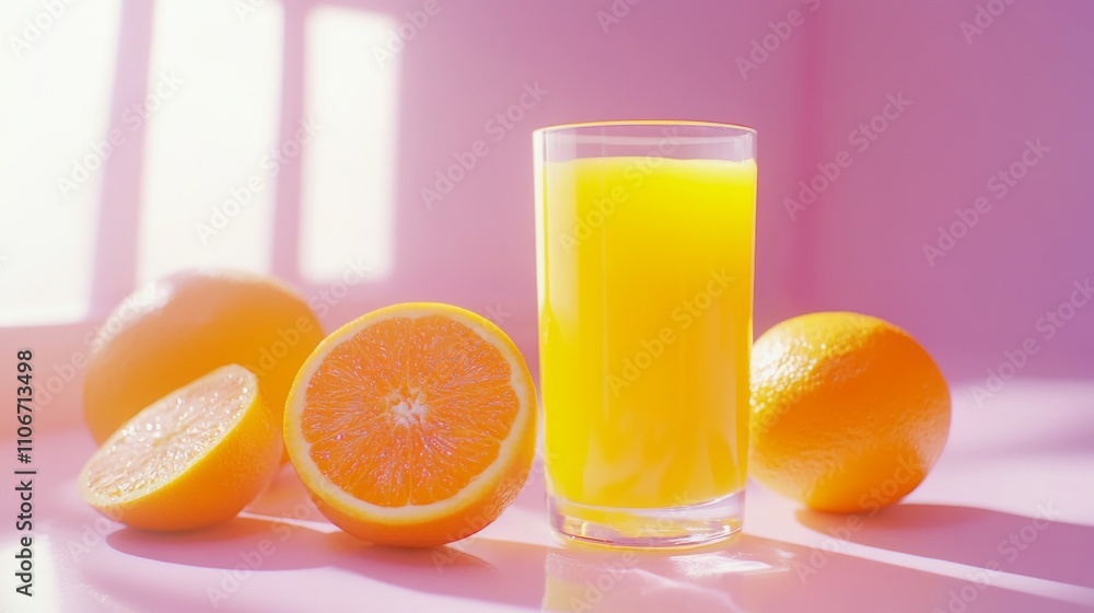 A Glass of Orange Juice with Fresh Oranges on a Pink Surface A Glass of Orange Juice with Fresh Oranges on a Pink Surface
