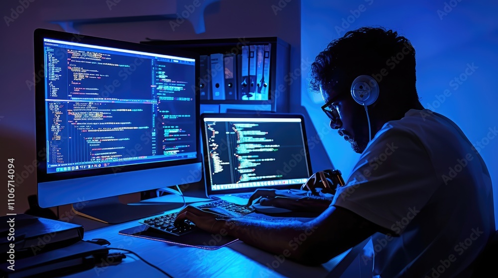 Focused Programmer Coding at Night in Blue Light Focused Programmer Coding at Night in Blue Light