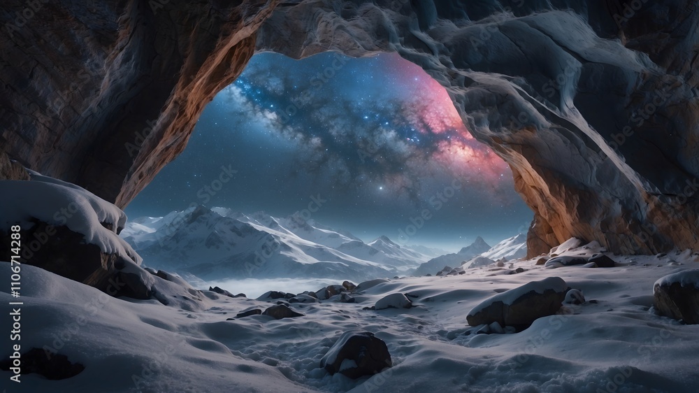 Naklejka premium Starry sky outside the cave in the glacier snow mountain in winter