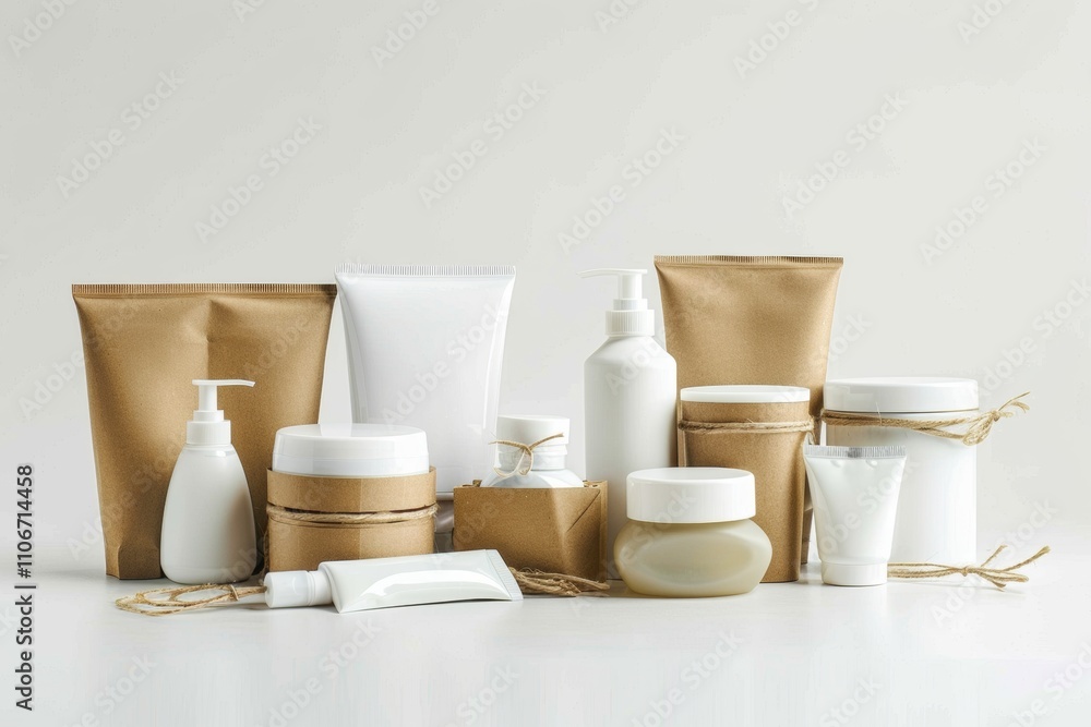Eco-Friendly Cosmetic Products Packaging Mockup: Sustainable Beauty Branding Design with Kraft Paper and White Containers Eco-Friendly Cosmetic Products Packaging Mockup: Sustainable Beauty Branding Design with Kraft Paper and White Containers
