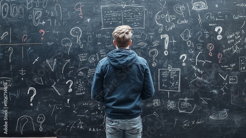 A teenage boy stands before a blackboard of doodles and question marks, his head a mess of thoughts, symbolizing ADHD, stress, anxiety, confusion, and mindfulness concepts.