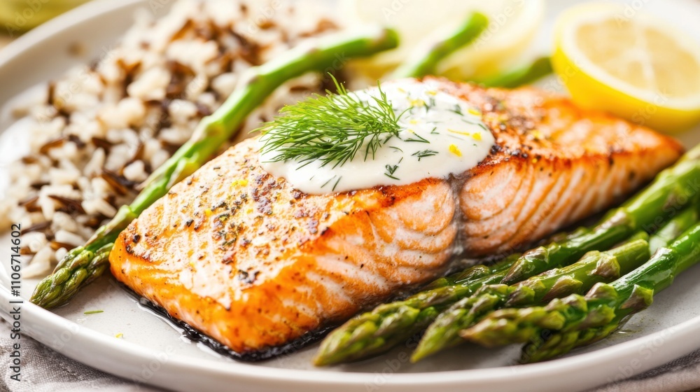 A succulent plate of grilled salmon fillet topped with a lemon dill sauce, served with steamed asparagus and wild rice pilaf, Salmon fillet centered A succulent plate of grilled salmon fillet topped with a lemon dill sauce, served with steamed asparagus and wild rice pilaf, Salmon fillet centered