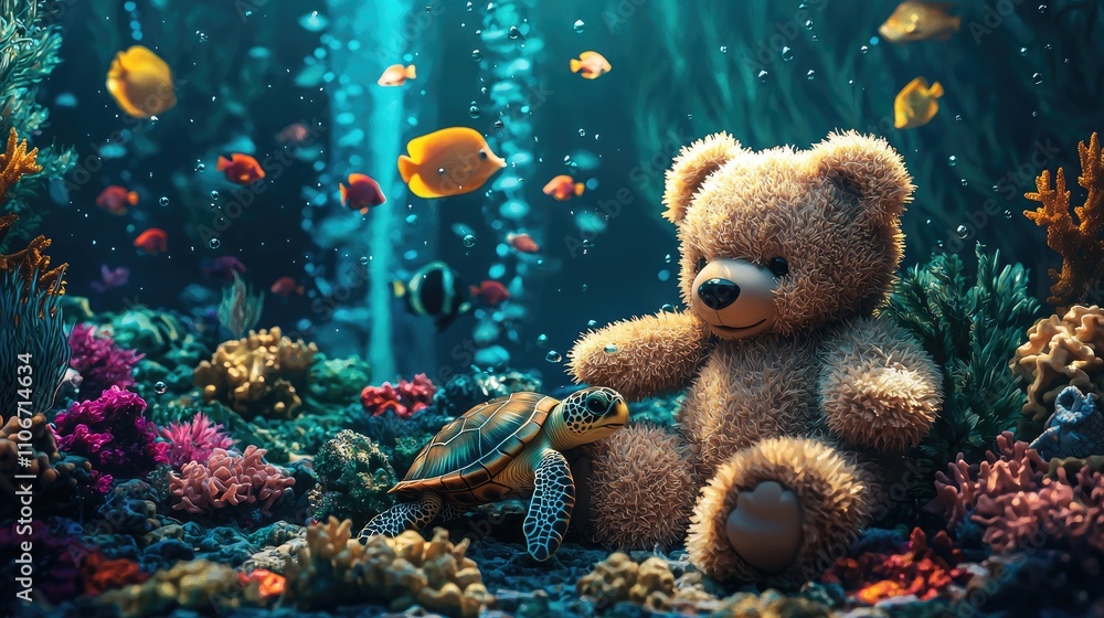 A dynamic scene of a teddy bear with soft, fuzzy fur and a charming smile, surrounded by various sea creatures in an underwater world next to a fountain. A dynamic scene of a teddy bear with soft, fuzzy fur and a charming smile, surrounded by various sea creatures in an underwater world next to a fountain.