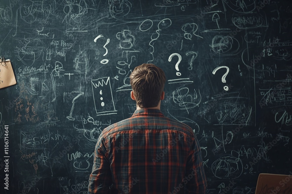 A teenage boy stands before a blackboard of doodles and question marks, his head a mess of thoughts, symbolizing ADHD, stress, anxiety, confusion, and mindfulness concepts. A teenage boy stands before a blackboard of doodles and question marks, his head a mess of thoughts, symbolizing ADHD, stress, anxiety, confusion, and mindfulness concepts.