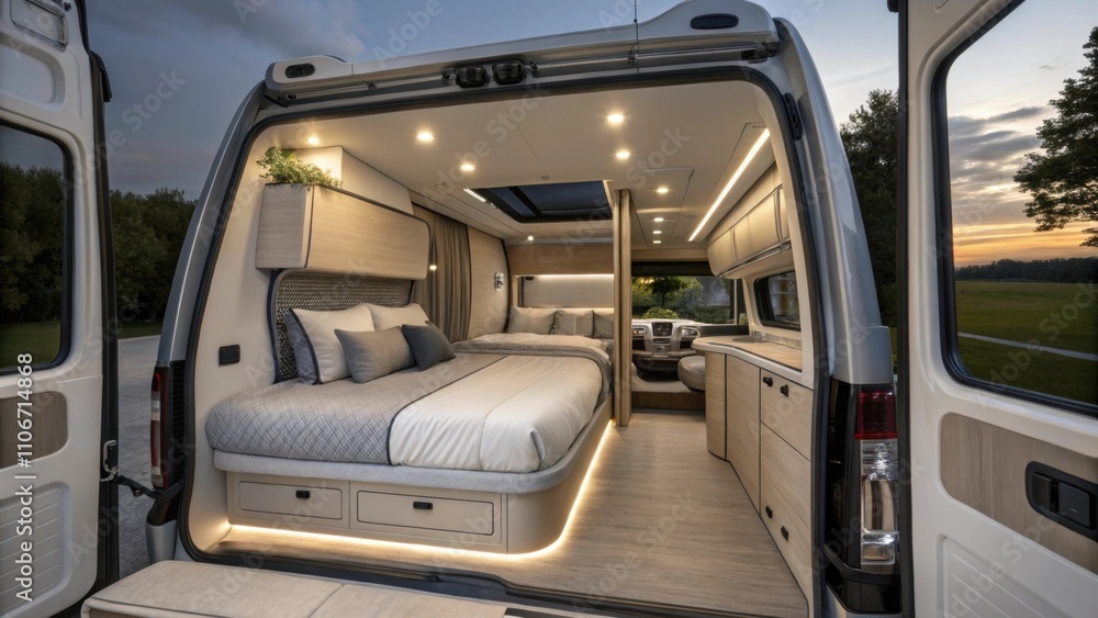 An elegantly designed camper showcasing a convertible seating area that transforms into a comfortable sleeping space adorned with soft linens and ambient lighting. An elegantly designed camper showcasing a convertible seating area that transforms into a comfortable sleeping space adorned with soft linens and ambient lighting.