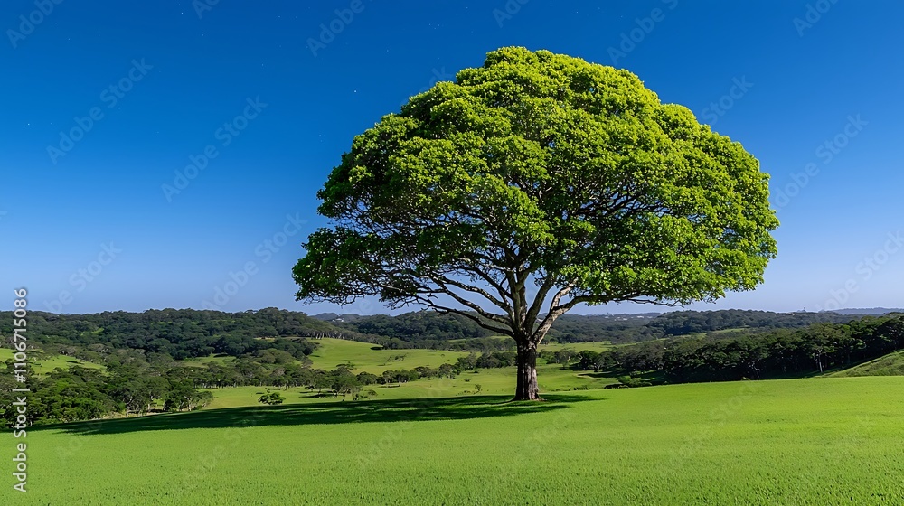 Fototapeta premium Lush Green Tree Against Clear Blue Sky in Peaceful Serene Landscape