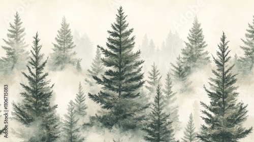 The detailed seamless pattern of pine trees in gray and green tones adopts an elegant and minimalist style, characterized by soft tree shapes and vector graphics, with a clean white background.