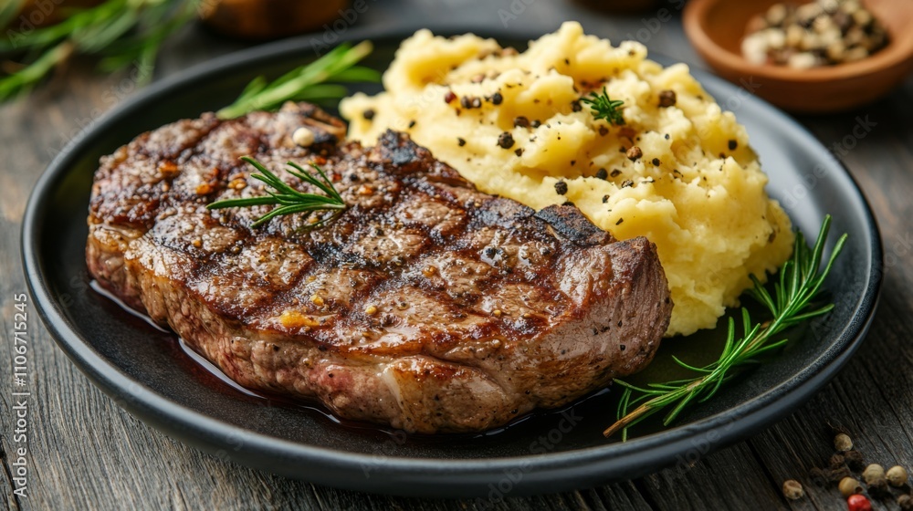 Grilled Steak with Mashed Potatoes, Rosemary, and Peppercorns Grilled Steak with Mashed Potatoes, Rosemary, and Peppercorns