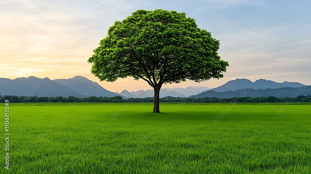 Fototapeta premium Lush Green Tree Standing Tall Against Scenic Mountain Landscape at Sunrise