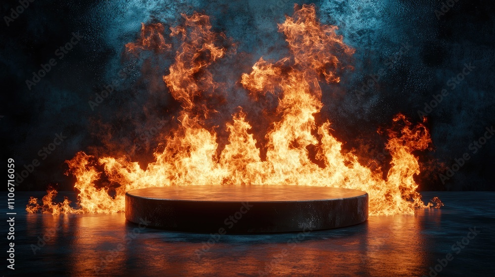 Fiery Inferno Backdrop Encircling Dark Platform Fiery Inferno Backdrop Encircling Dark Platform