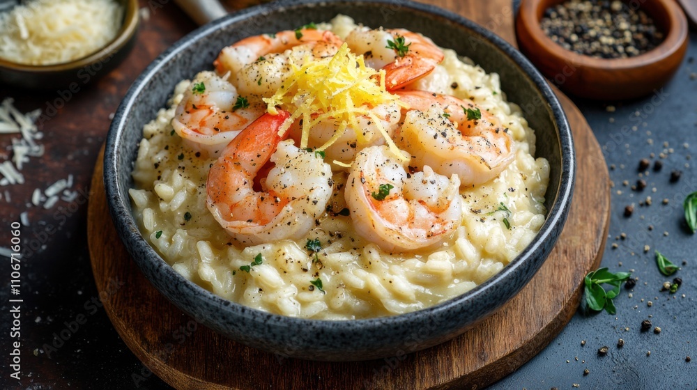 A sumptuous bowl of creamy risotto studded with plump shrimp and garnished with lemon zest, Risotto bowl centered, Parmesan shavings delicately arranged on top A sumptuous bowl of creamy risotto studded with plump shrimp and garnished with lemon zest, Risotto bowl centered, Parmesan shavings delicately arranged on top