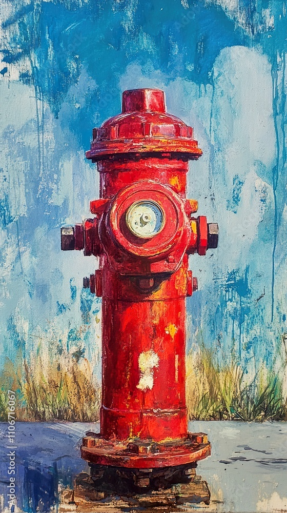 Red Fire Hydrant under a Blue Sky: Urban Landscape Painting Red Fire Hydrant under a Blue Sky: Urban Landscape Painting