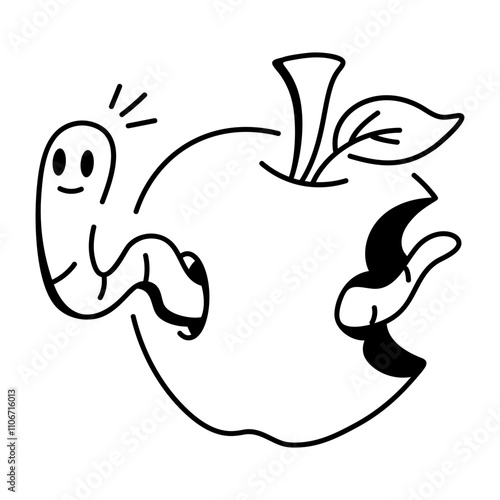 A doodle icon of rotten apple with worm inside it 

