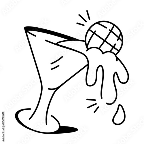 Spilling cocktail glass with a disco ball, doodle icon 

