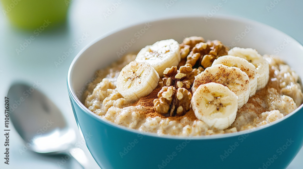 bowl of hearty oatmeal topped with perfectly sliced bananas, walnuts, and sprinkle of cinnamon, creating warm and inviting breakfast scene bowl of hearty oatmeal topped with perfectly sliced bananas, walnuts, and sprinkle of cinnamon, creating warm and inviting breakfast scene