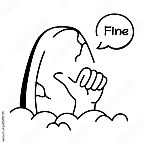 Grave with thumbs up and fine text, doodle icon 


