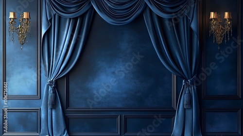 Luxurious Blue Curtains Framing an Ornate Archway with Vintage Decor for Wedding Photos, Photography Studio Backdrops, Stage Set Designs, and Zoom Virtual Meeting Backgrounds © Pippin