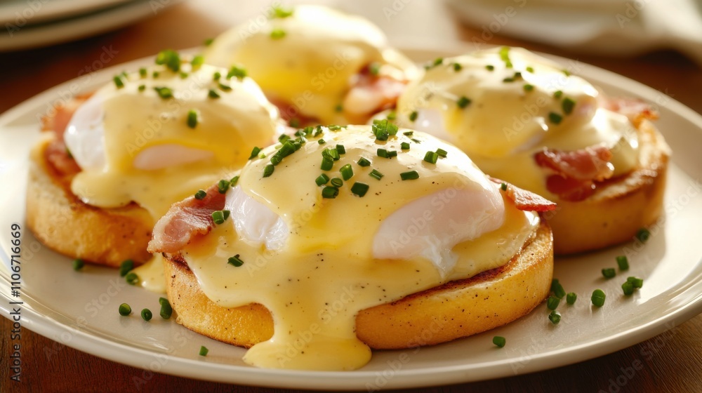 A sumptuous plate of Eggs Benedict featuring perfectly poached eggs, Canadian bacon, and hollandaise sauce atop toasted English muffins