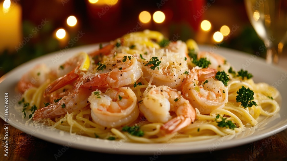 A sumptuous plate of shrimp scampi served over a bed of linguine pasta, tossed in a garlic butter sauce with lemon zest and fresh parsley, Scampi plate centered A sumptuous plate of shrimp scampi served over a bed of linguine pasta, tossed in a garlic butter sauce with lemon zest and fresh parsley, Scampi plate centered