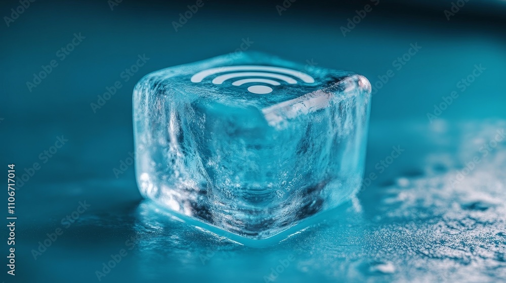 The Wi Fi icon is frozen by ice, symbolizing cold technology and digital connectivity. Ice cubes are placed against a simple background, highlighting the clarity and sharpness of the design. The Wi Fi icon is frozen by ice, symbolizing cold technology and digital connectivity. Ice cubes are placed against a simple background, highlighting the clarity and sharpness of the design.