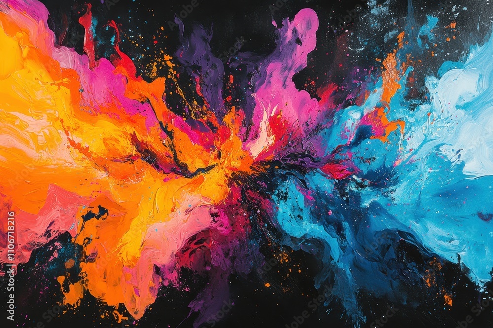 Vibrant abstract painting; orange, pink, blue hues explode on black canvas. Ideal for websites, social media; evokes energy, creativity, and passion. Vibrant abstract painting; orange, pink, blue hues explode on black canvas. Ideal for websites, social media; evokes energy, creativity, and passion.