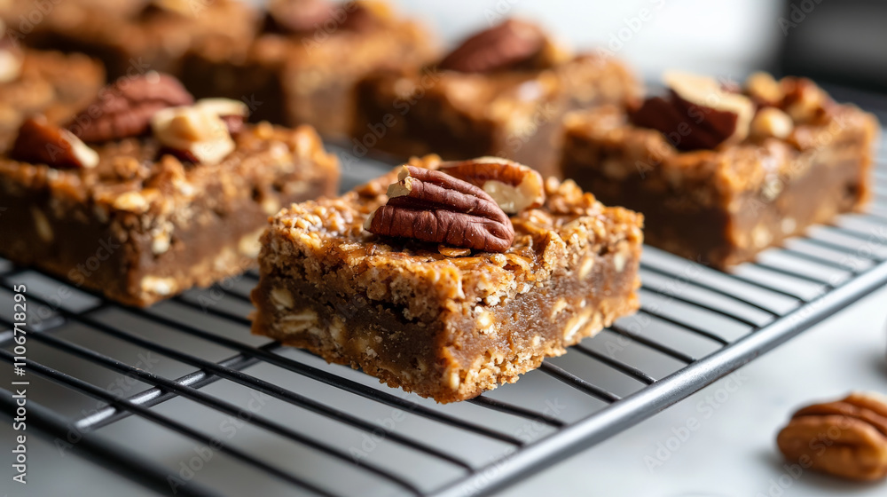 Chewy oat bars with crunchy topping of chopped nuts, including pecans, on cooling rack. These delicious treats are perfect for sweet snack or dessert Chewy oat bars with crunchy topping of chopped nuts, including pecans, on cooling rack. These delicious treats are perfect for sweet snack or dessert