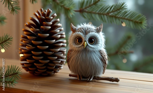 owl christmas Pine cone and owl figurine on wooden desk with wooden background and green pine tree branches - forest scene  animal, decoration, season, bird photo