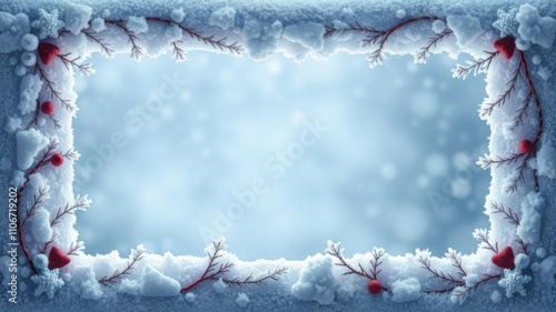 Snow covered frame with empty space in the middle, perfect for framing winter or holiday themed designs, creating a frosty seasonal atmosphere, 3d, seasonal photo