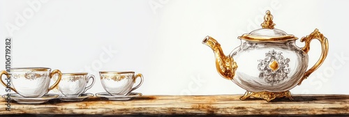 A decorative teapot with matching cups on a wooden surface, suggesting a tea-drinking setting.