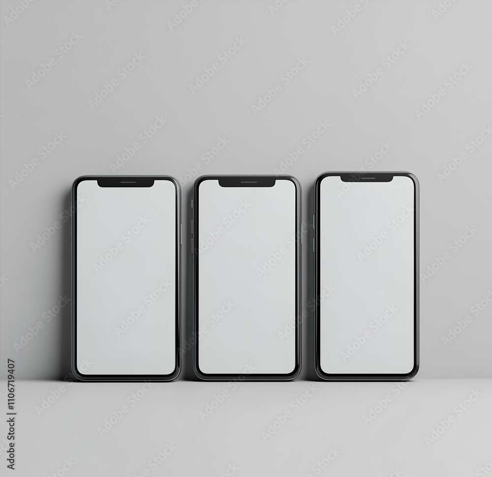 Phone mockups, blank screens, three phones on the right side of the picture, front view, light gray background Phone mockups, blank screens, three phones on the right side of the picture, front view, light gray background