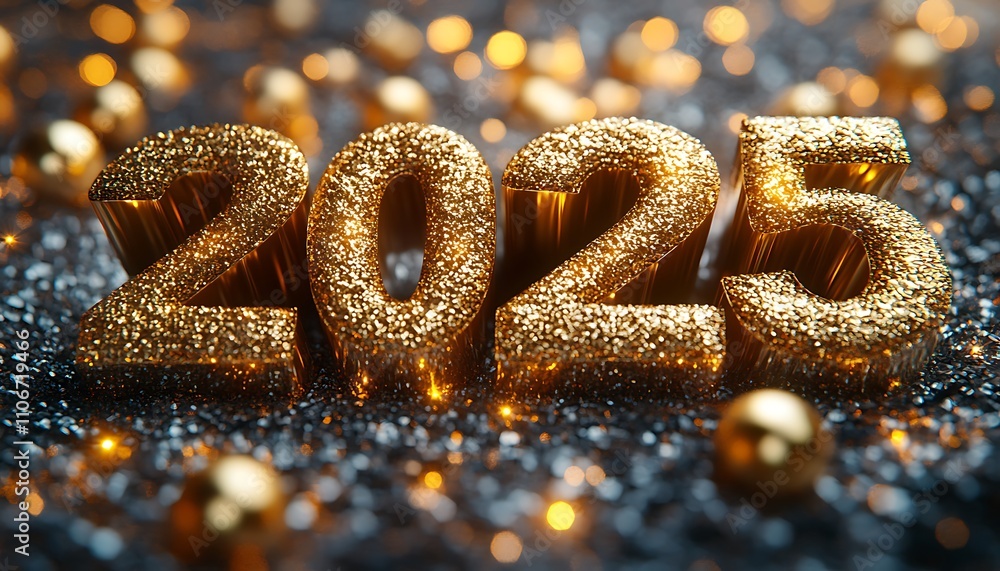 Number Happy New Year 2025Crafted from Gold Glitter. Number Happy New Year 2025Crafted from Gold Glitter.