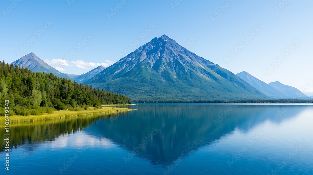 Serene Mountain Landscape with Calm Lake and Reflection Under Clear Blue Sky Serene Mountain Landscape with Calm Lake and Reflection Under Clear Blue Sky