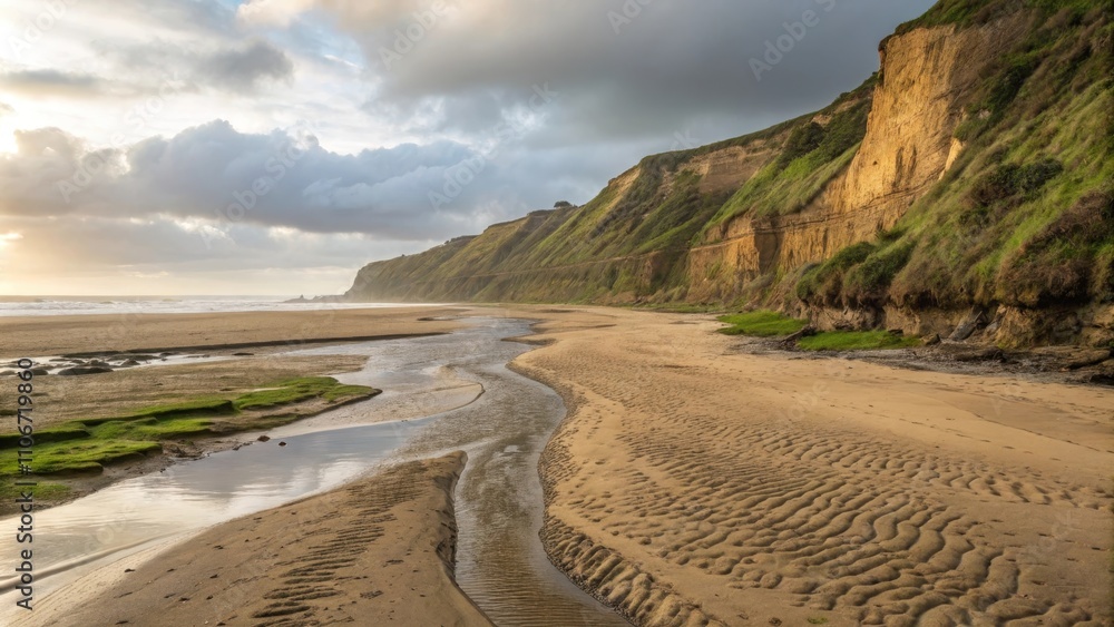 Coastal Cliff Beach at Low Tide with Sandy Shore and Greenery Coastal Cliff Beach at Low Tide with Sandy Shore and Greenery