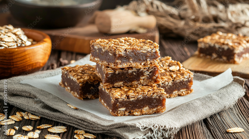 Homemade oat bars on linen tablecloth in rustic setting, showcasing delicious and wholesome snack. texture and natural ingredients create cozy and inviting atmosphere Homemade oat bars on linen tablecloth in rustic setting, showcasing delicious and wholesome snack. texture and natural ingredients create cozy and inviting atmosphere