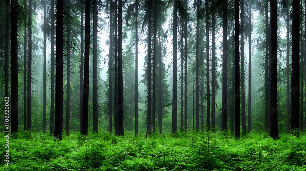 Obraz premium Misty Forest with Tall Trees and Lush Green Ferns in Serene Environment
