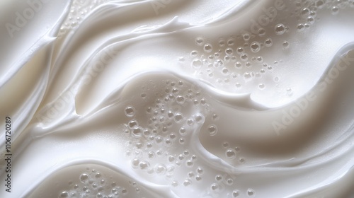 Delicate white bubble foam arranged in a zigzag pattern on a clean white surface, evoking luxury and purity with soft, intricate details and bright lighting, shot in a professional studio setting.