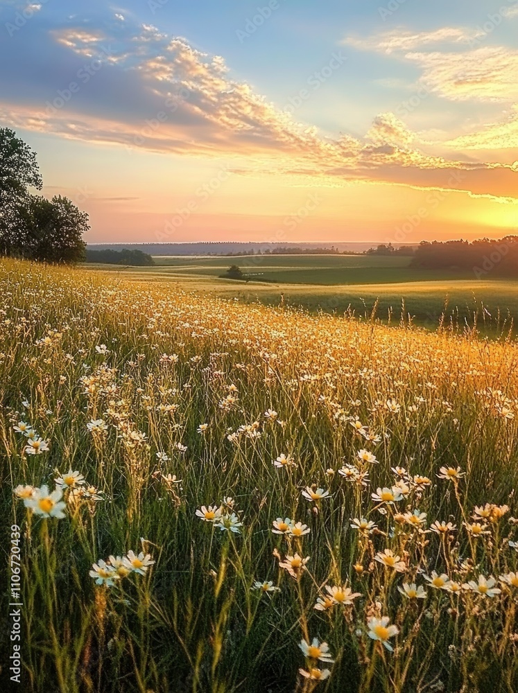 Meadow Sunset with Tall Grasses and Wildflowers in a Peaceful Landscape Meadow Sunset with Tall Grasses and Wildflowers in a Peaceful Landscape