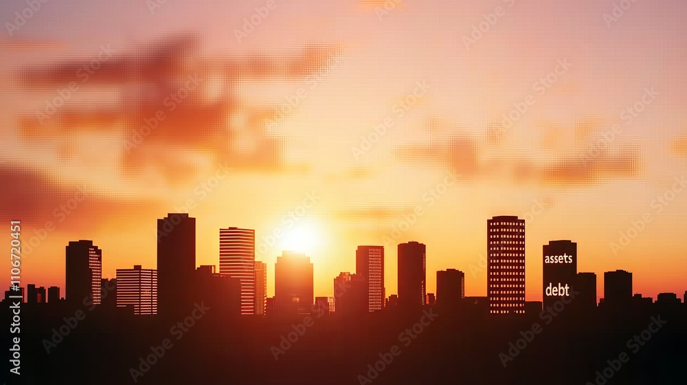 Bankrupt debt assets concepts, Silhouette of a city skyline during a vibrant sunset. Bankrupt debt assets concepts, Silhouette of a city skyline during a vibrant sunset.