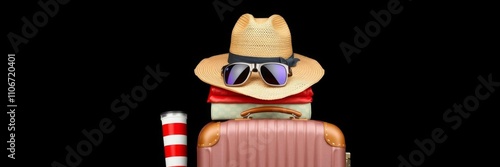 Summer holiday items on black background including red suitcase, straw hat, goggles, and more, trip, summer