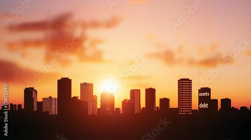 Bankrupt debt assets concepts, Silhouette of a city skyline during a vibrant sunset.