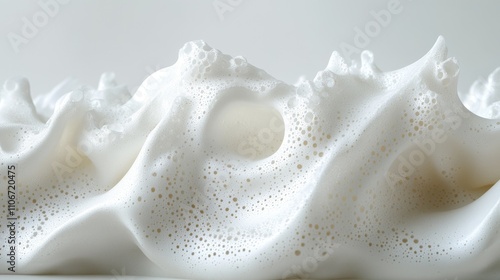 Delicate white bubble foam arranged in a zigzag pattern on a clean white surface, evoking luxury and purity with soft, intricate details and bright lighting, shot in a professional studio setting.